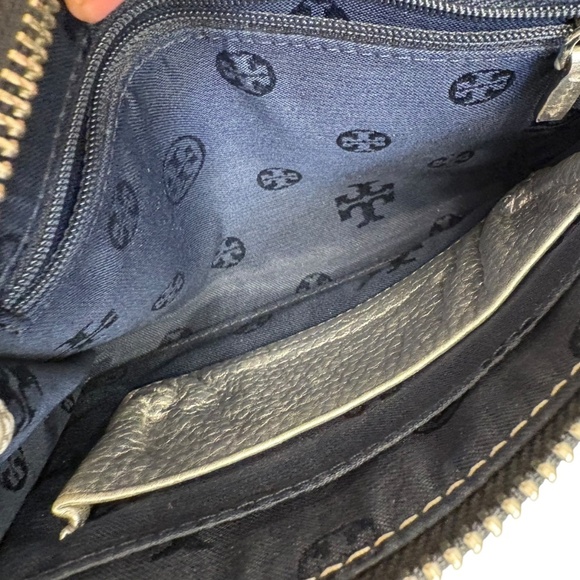 Tory Burch dark navy blue leather large wristlet clutch bag in pebbled leather
